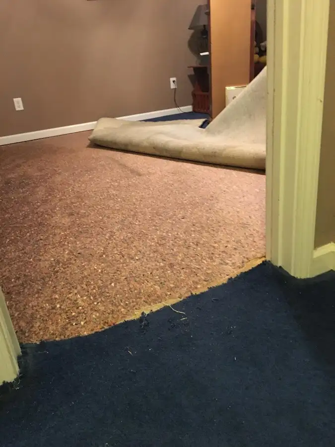 Carpet pad removal revealing water damage during Water Mitigation Services in Nephi